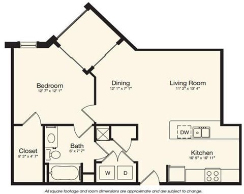 Floor plan for 1 bed, 1 bath, 748 sqft