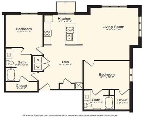 Floor plan for 2 beds, 2 baths, 1278 sqft
