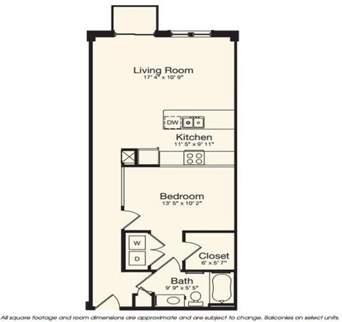 Floor plan for 1 bed, 1 bath, 801 sqft