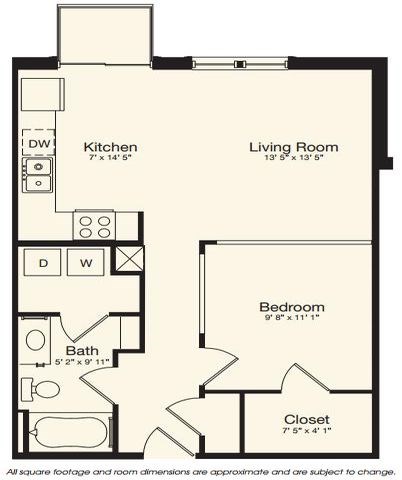 Floor plan for 1 bed, 1 bath, 636 sqft