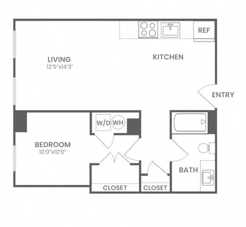 Floor plan for 1 bed, 1 bath, 861 sqft