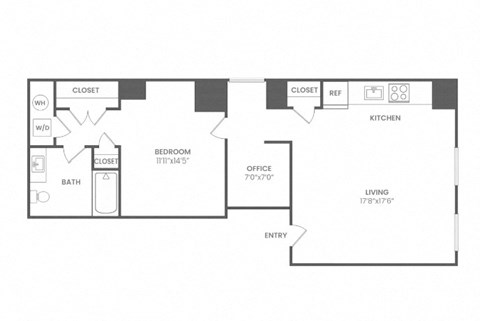 Floor plan for 1 bed, 1 bath, 757 sqft