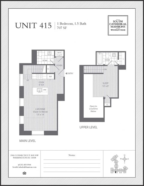 Floor plan for 1 bed, 1.5 baths, 707 sqft