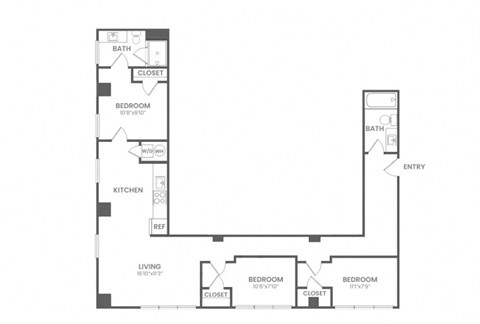 Floor plan for 3 beds, 2 baths, 1228 sqft