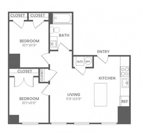 Floor plan for 2 beds, 1 bath, 829 sqft