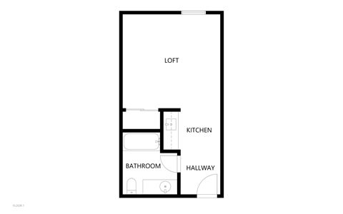 Floor plan for studio, 1 bath, 588 sqft