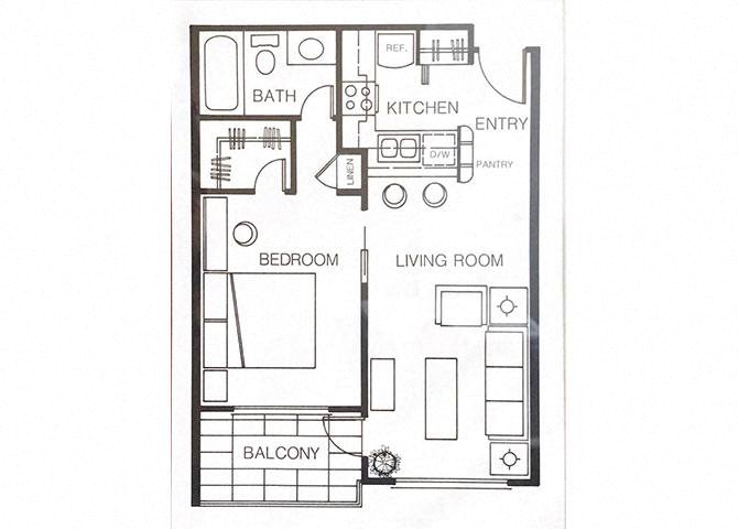 Floor plan for 1 bed, 1 bath, 539 sqft