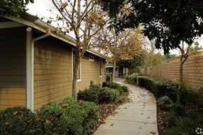 Riverside multi-family for rent - A sidewalk runs between two rows of houses.