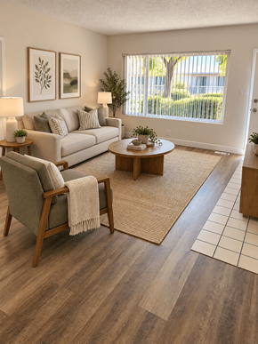 Claremont multi-family for rent - A living room with a grey couch, a wooden armchair, and a coffee table.