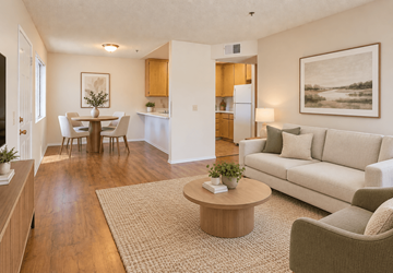 Fallbrook multi-family for rent - A living room with a couch, a dining table, and a painting on the wall.