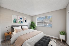 Moreno Valley apartment for rent - A bedroom with a large bed and a plant on the windowsill.