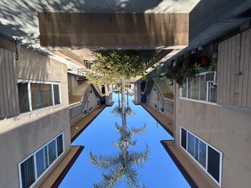 Wilmington multi-family for rent - A long, narrow pool of blue water is surrounded by buildings on both sides.