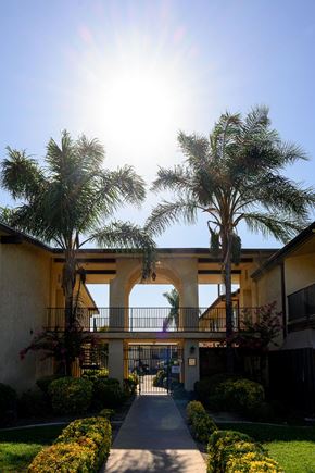 Hemet multi-family for rent - a walkway between two buildings with palm trees in the middle of the walkway at Park Columbia Apts, Hemet, 92544