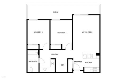 Floor plan for 2 beds, 1 bath, 835 sqft