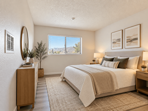 Tujunga multi-family for rent - A bedroom with a large bed and a view of the mountains through the window.