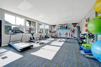 A gym with treadmills and weights in a room with windows