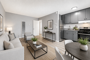 Bellflower multi-family for rent - A modern living room with a grey couch, a coffee table, and a kitchen in the background.