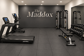 Trenton apartment for rent - A gym with a treadmill, weights, and a wall that says The Maddox.