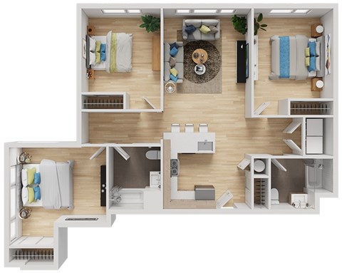 Floor plan for 3 beds, 2 baths, 1196 sqft