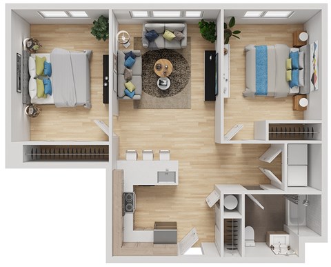 Floor plan for 2 beds, 1 bath, 933 sqft