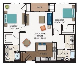 Floor plan for 2 beds, 2 baths, 1313 sqft