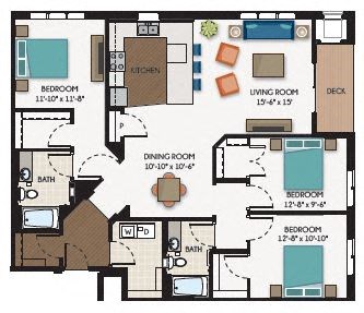 Floor plan for 3 beds, 2 baths, 1568 sqft