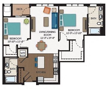 Floor plan for 2 beds, 2 baths, 1126 sqft