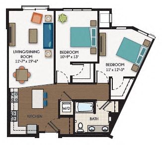 Floor plan for 2 beds, 1 bath, 1065 sqft
