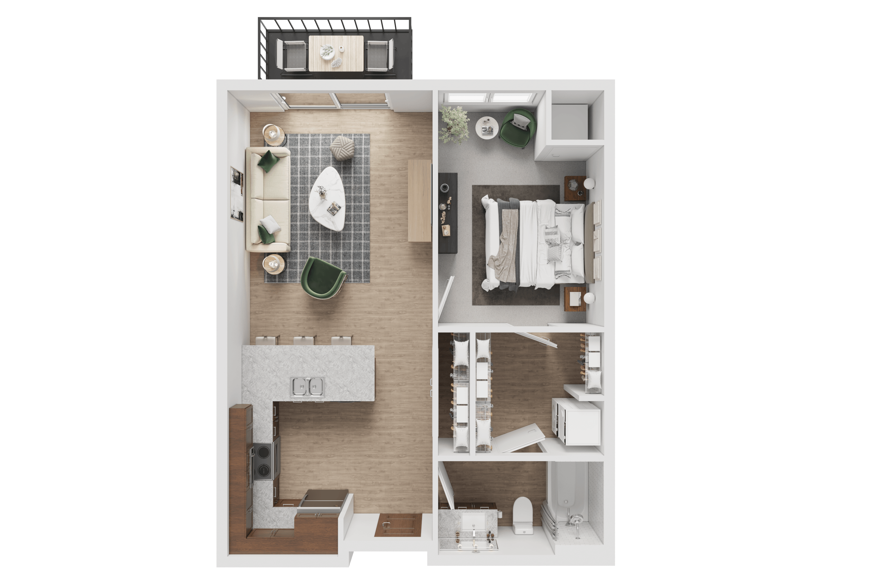 Floor plan for 1 bed, 1 bath, 711 sqft