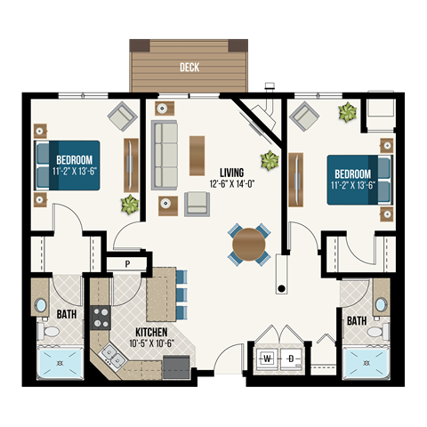 Floor plan for 2 beds, 2 baths, 1118 sqft