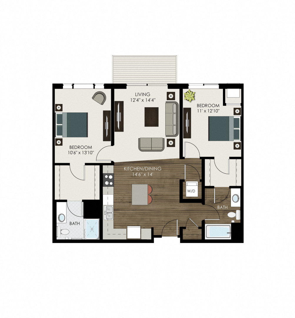 Floor plan for 2 beds, 2 baths, 1066 sqft