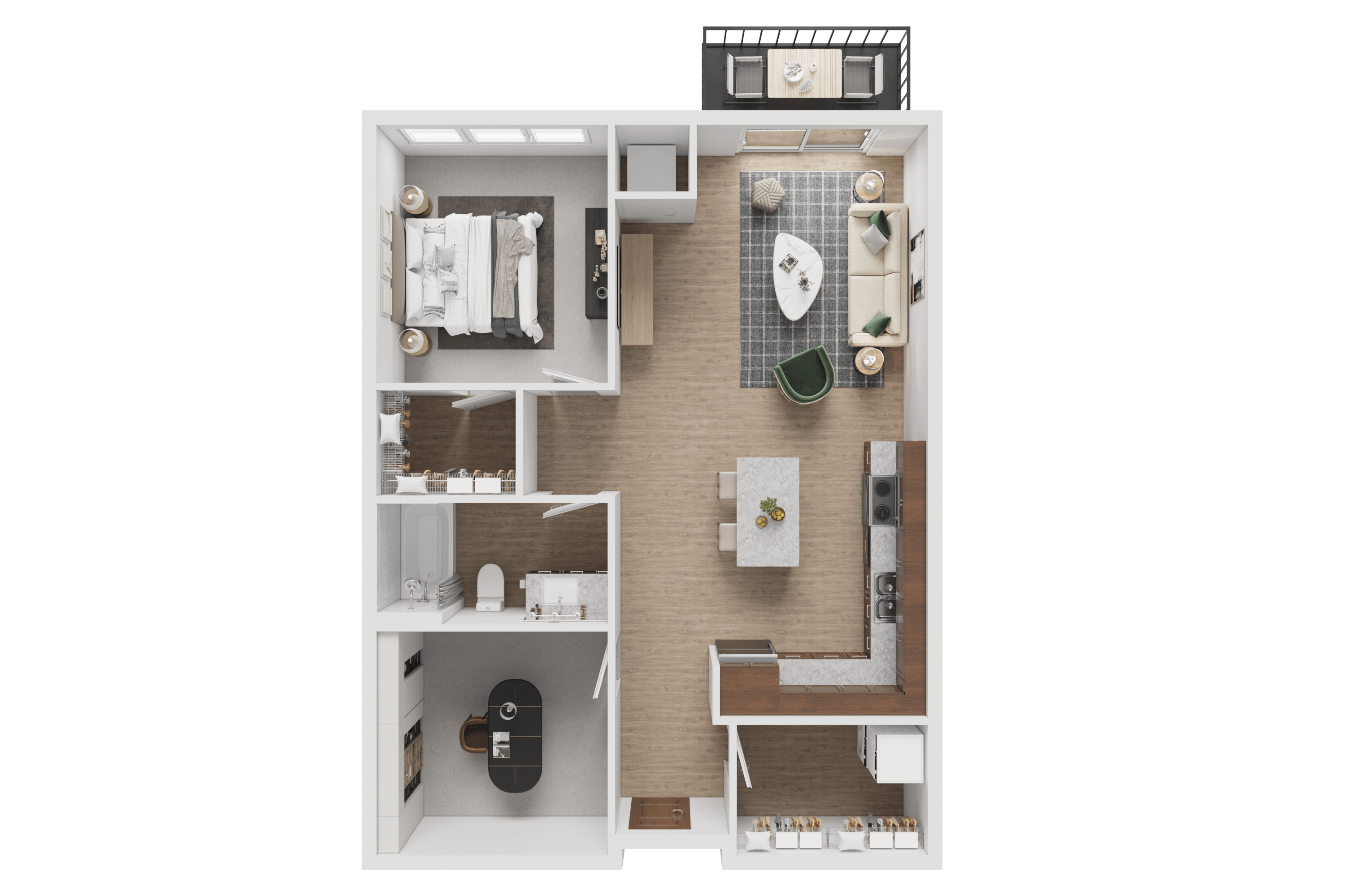 Floor plan for 2 beds, 1 bath, 886 sqft