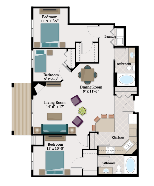 Floor plan for 3 beds, 2 baths, 1300 sqft