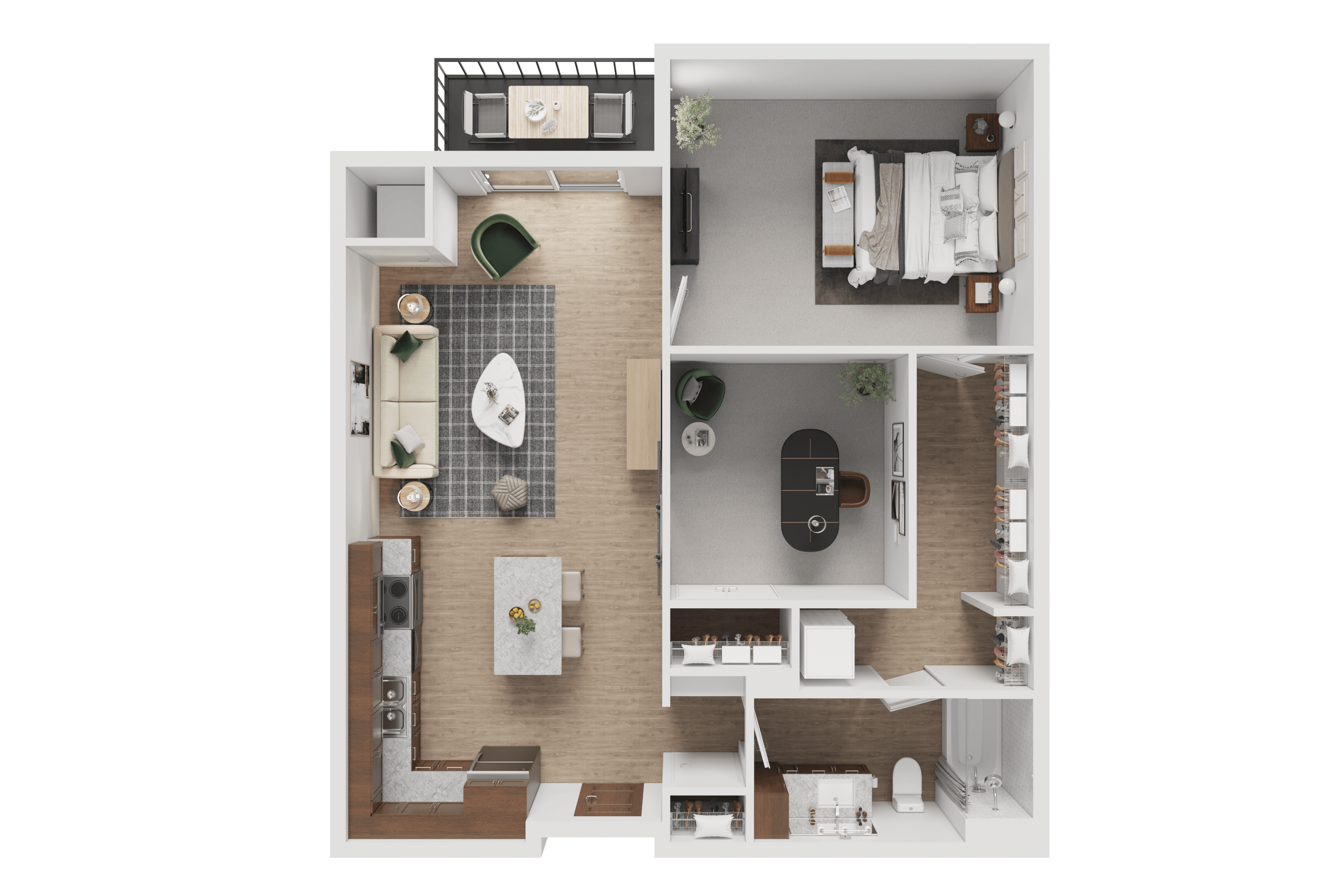 Floor plan for 2 beds, 1 bath, 955 sqft
