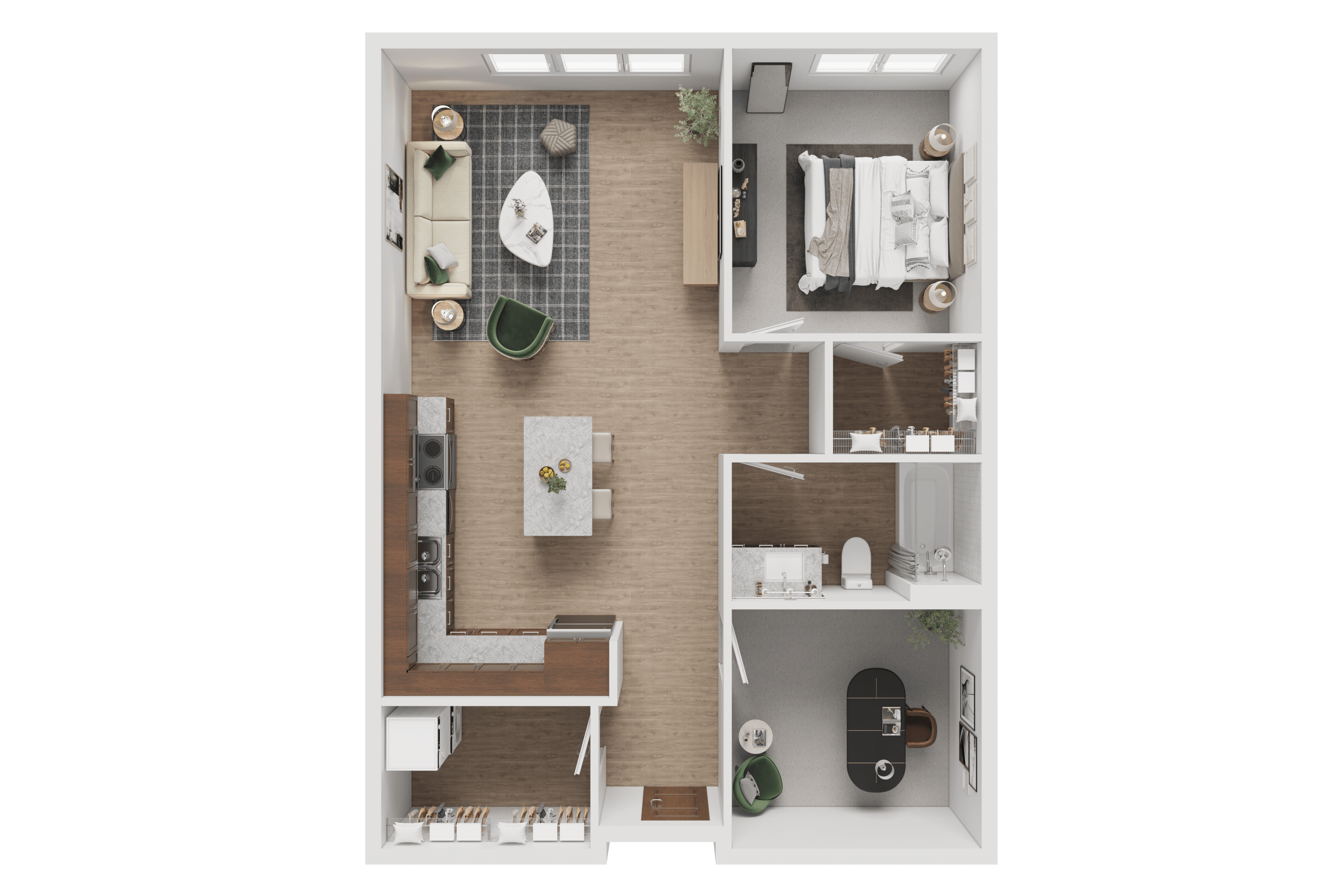 Floor plan for 1 bed, 1 bath, 886 sqft