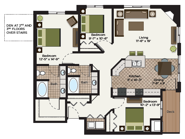Floor plan for 3 beds, 2 baths, 1460 sqft