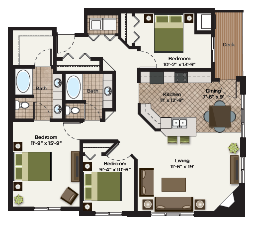 Floor plan for 3 beds, 2 baths, 1460 sqft