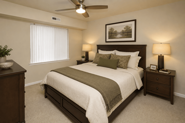 Lakeville apartment for rent - A bedroom with a bed, nightstands, and a ceiling fan.