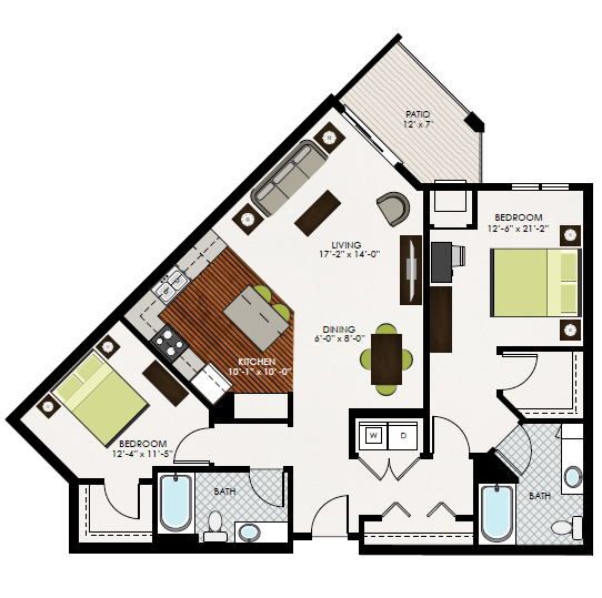 Floor plan for 2 beds, 2 baths, 1200 sqft