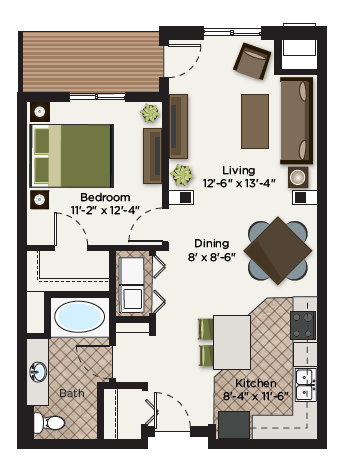 Floor plan for 1 bed, 1 bath, 850 sqft