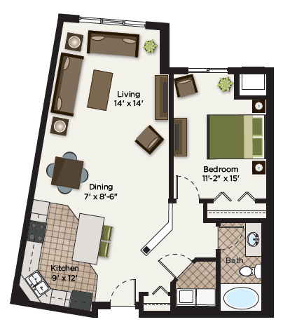 Floor plan for 1 bed, 1 bath, 890 sqft