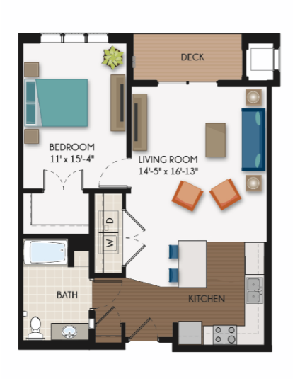 Floor plan for 1 bed, 1 bath, 845 sqft