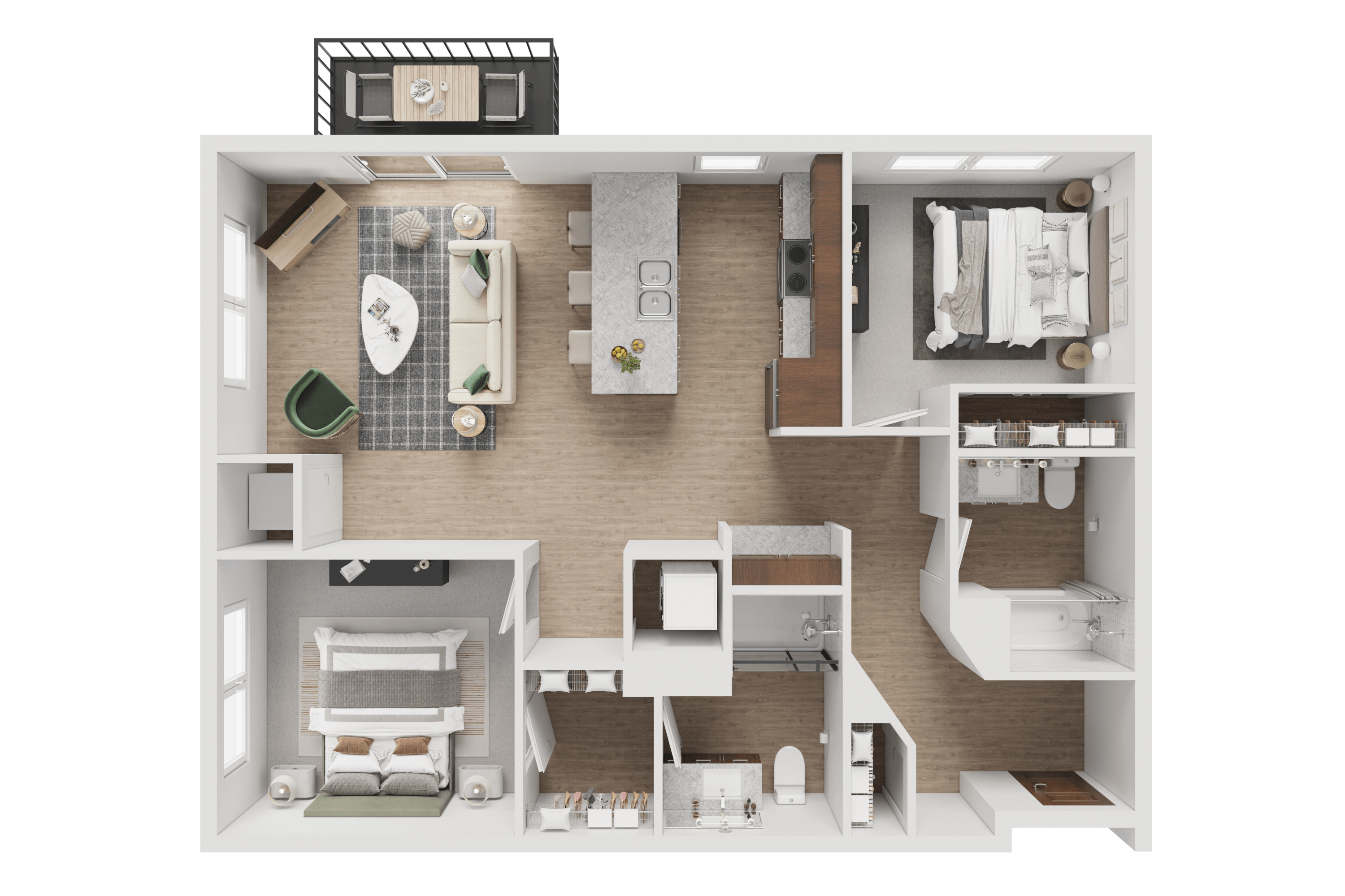 Floor plan for 2 beds, 2 baths, 1026 sqft