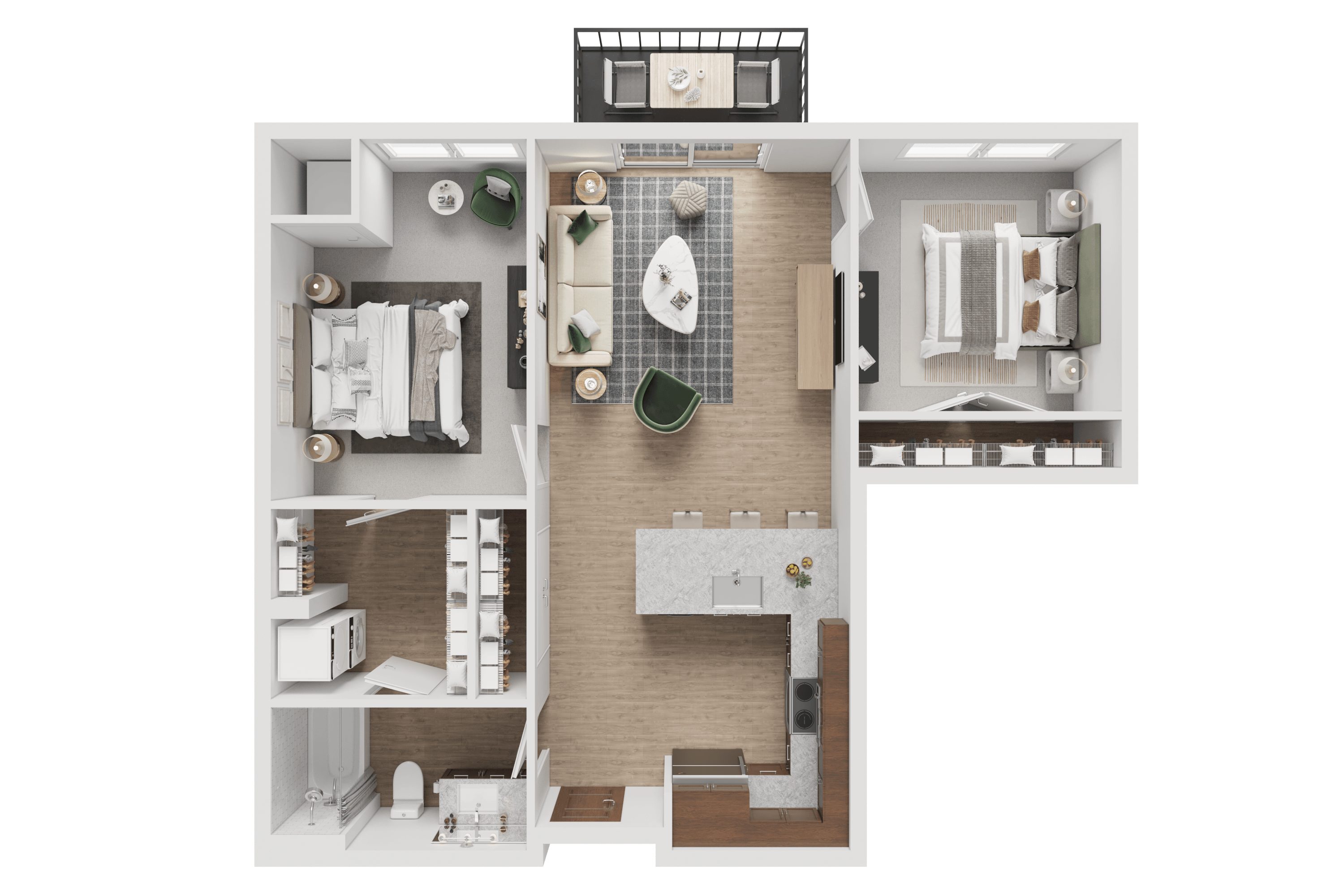 Floor plan for 2 beds, 1 bath, 862 sqft