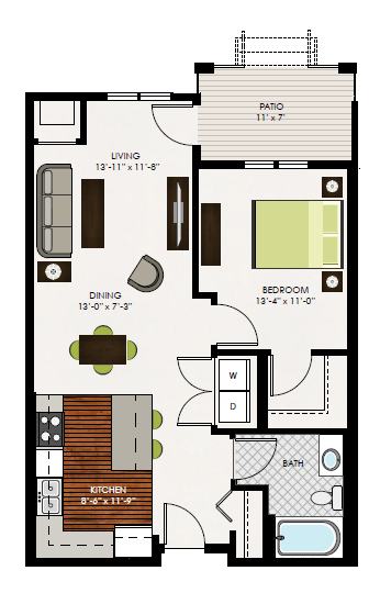 Floor plan for 1 bed, 1 bath, 775 sqft