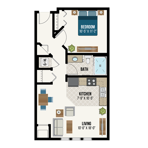 Floor plan for 1 bed, 1 bath, 651 sqft