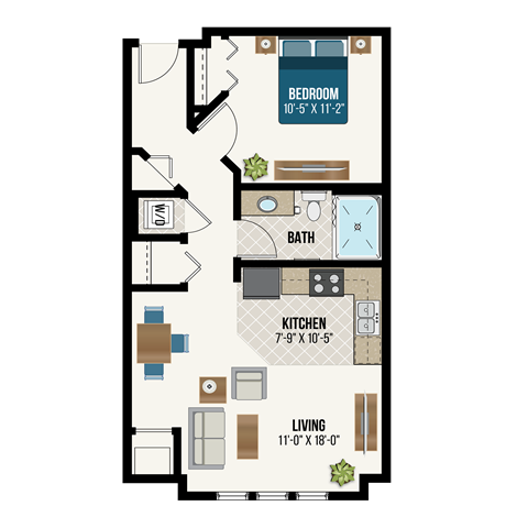 Floor plan for 1 bed, 1 bath, 669 sqft