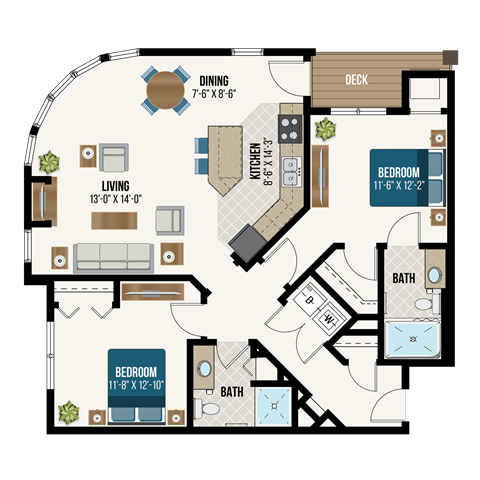 Floor plan for 2 beds, 2 baths, 1137 sqft
