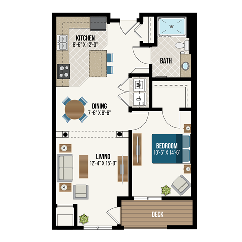 Floor plan for 1 bed, 1 bath, 810 sqft
