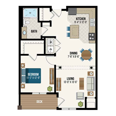 Floor plan for 1 bed, 1 bath, 830 sqft